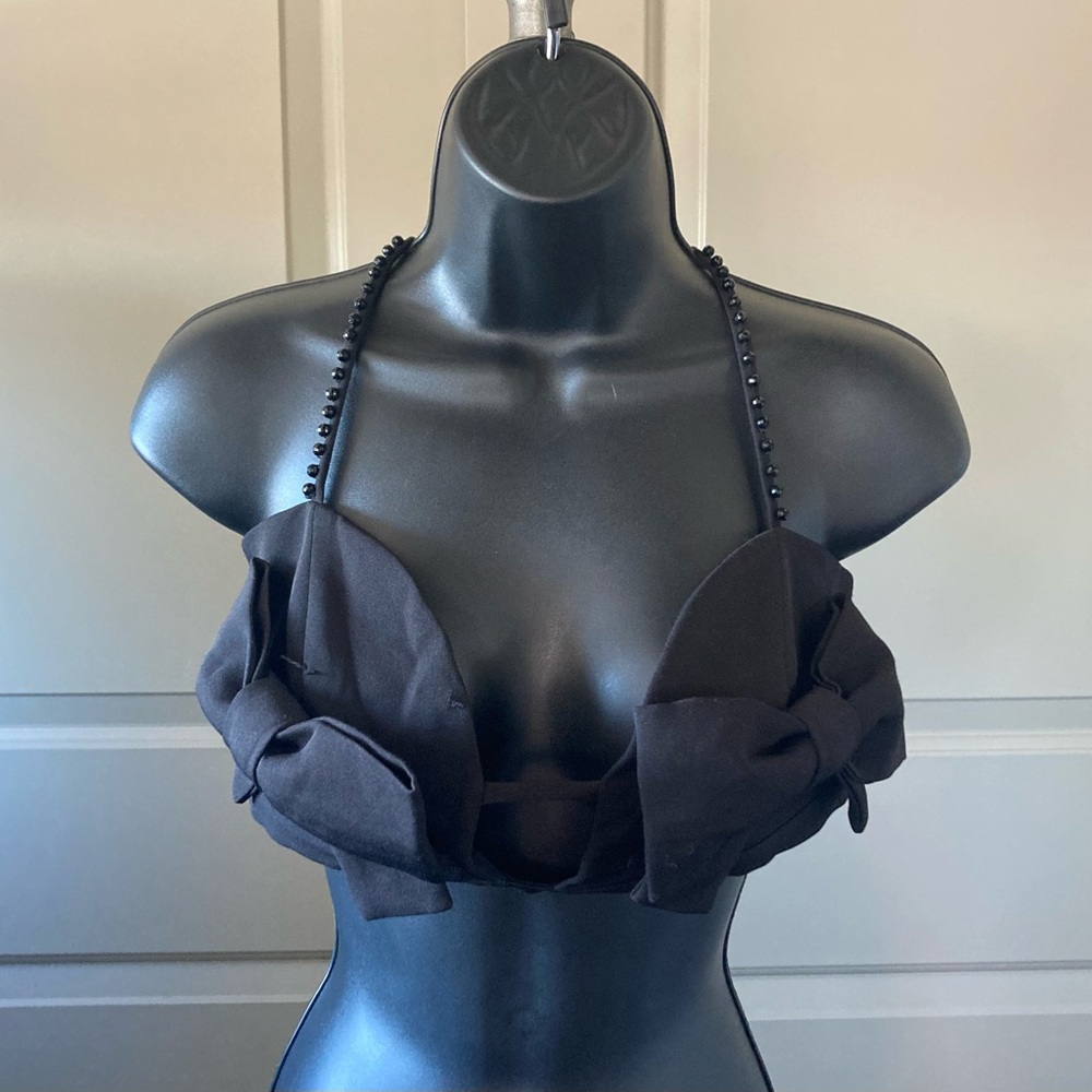 Nasty Gal Black Beaded Halter Bow Top